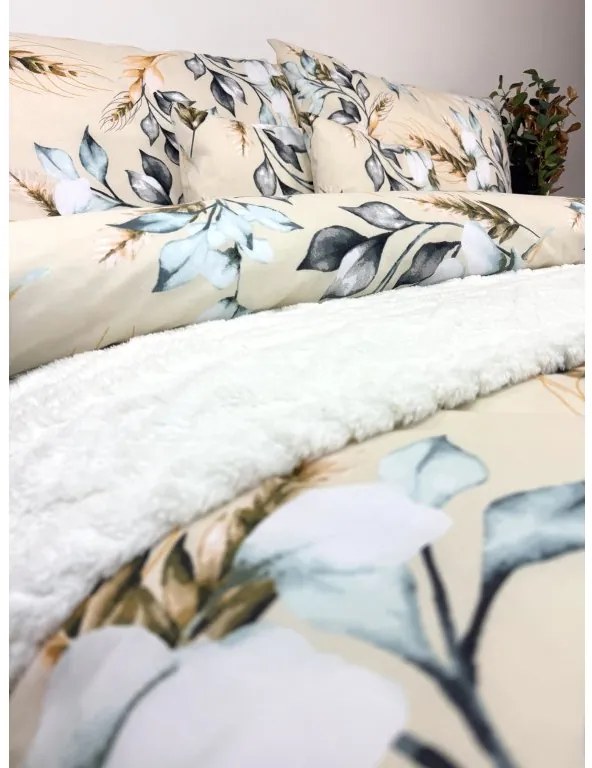 Obliečky Santorini 200x220 / 2×70x90 cm – 100% bavlna, prírodný dizajn, béžový podklad s modro-sivými a zlatistými motívmi, zips