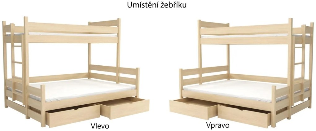Detská poschodová posteľ z masívu borovice s rozšíreným spodným lôžkom BERTA so šuplíkmi - 200x90/140 cm - PRÍRODNÁ BOROVICA