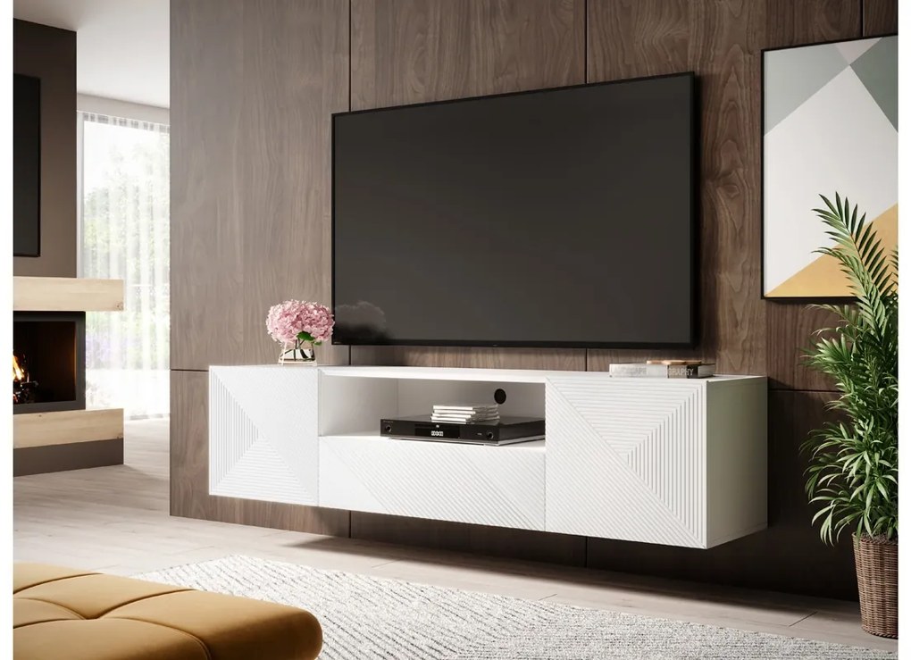 Závesná TV skrinka Asha 167 cm s otvorenou policou - biely mat