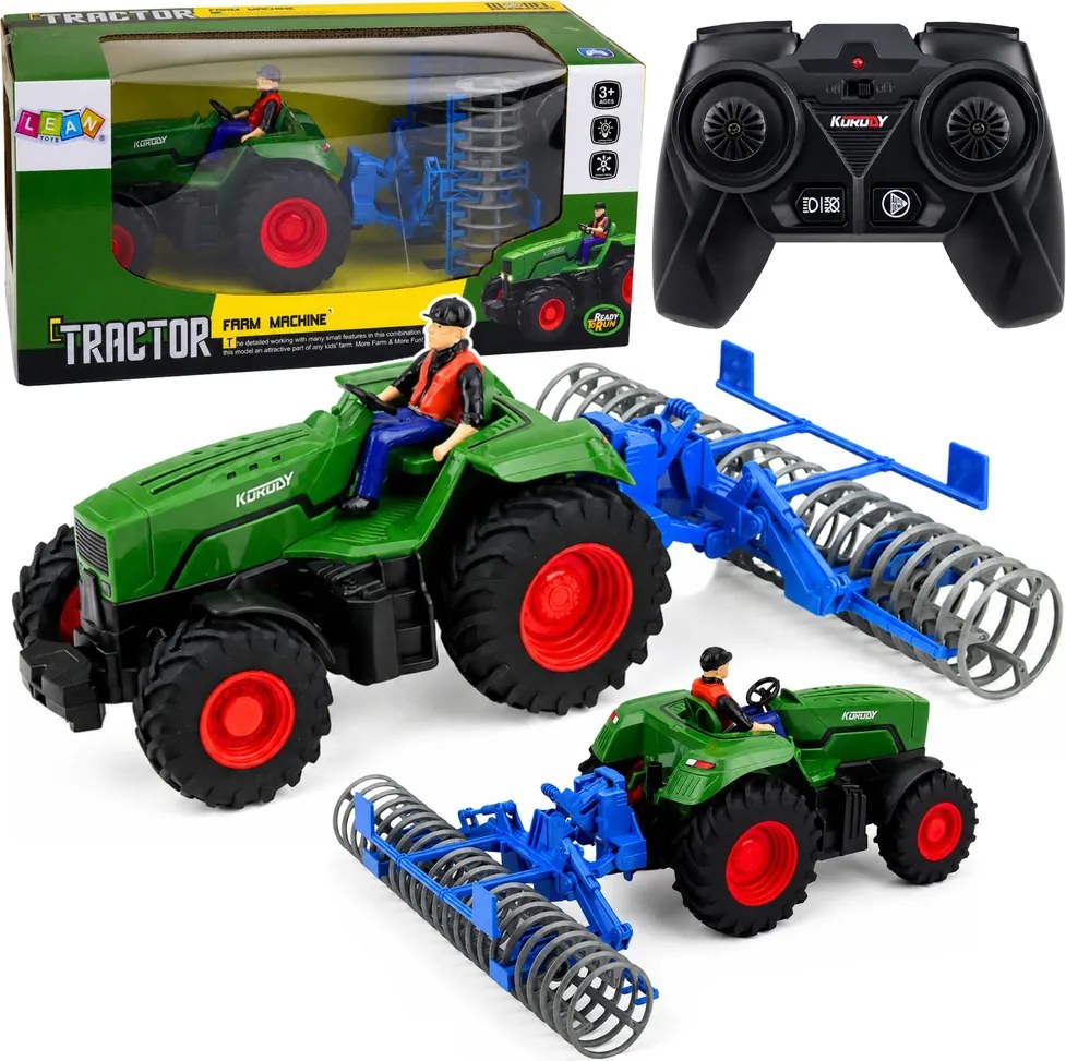 LEAN Toys Traktor s poľnohospodárskym valcom a poľnohospodárom, diaľkovo ovládaný RC, zelený, mierka 1:24
