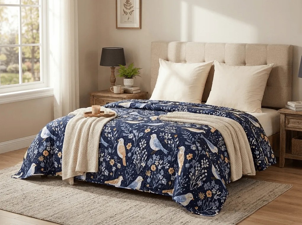 Prehoz na posteľ DENIM BIRDS, modrý Rozmer: 170 x 210 cm