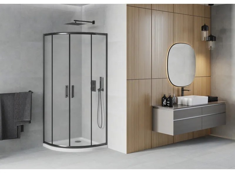 Mexen Rio, štvrťkruhový sprchovací kút s posuvnými dverami 90(dvere) x 90(dvere) x 190 cm, 6mm sklo námraza, čierny profil + biela sprchová vanička SLIM, 863-090-090-70-30-4110B