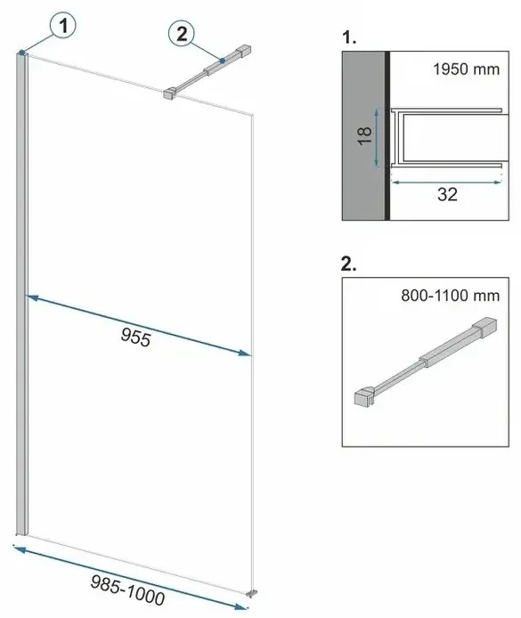 Rea Aero, sprchová zástena typu Walk-In 100cm, 8mm číre sklo, čierny profil + polica a vešiak EVO, KPL-K0596