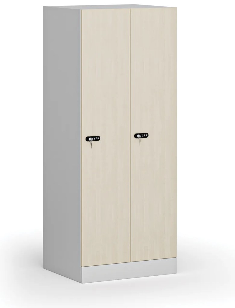 Šatníková skrinka znížená, 2 oddiely, 1500 x 600 x 500 mm, demont, mechanický kódový zámok, laminované dvere, breza