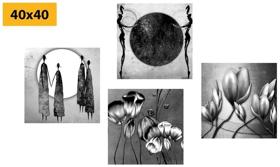 Set obrazov v čiernobielom etno prevedení - 4x 40x40