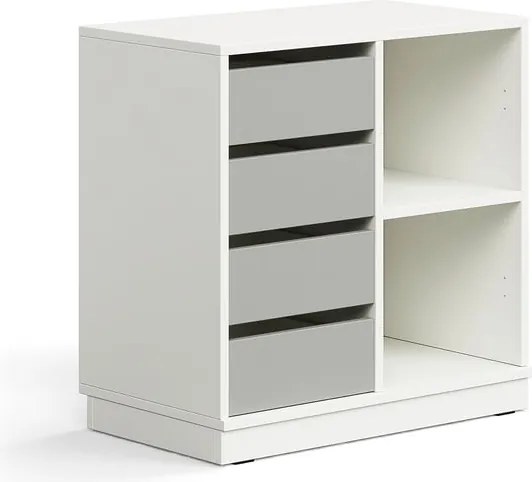 Úložná skrinka CASPER, 4 zásuvky, 2 priehradky, so soklom, biela/šedá