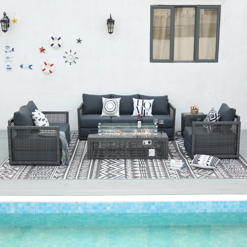 Súprava záhradného nábytku Excelentur s ohniskom 3+2+1 sivá