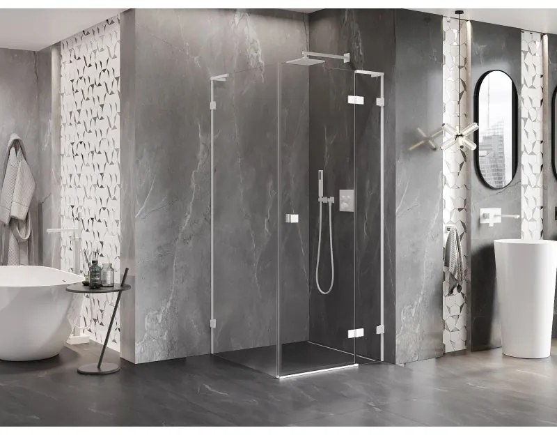 Mexen Lunar, L pravý výklopný sprchový kút 80 x 80 cm, 8mm číre sklo, biely profil, 834L-080-080-20-00-P