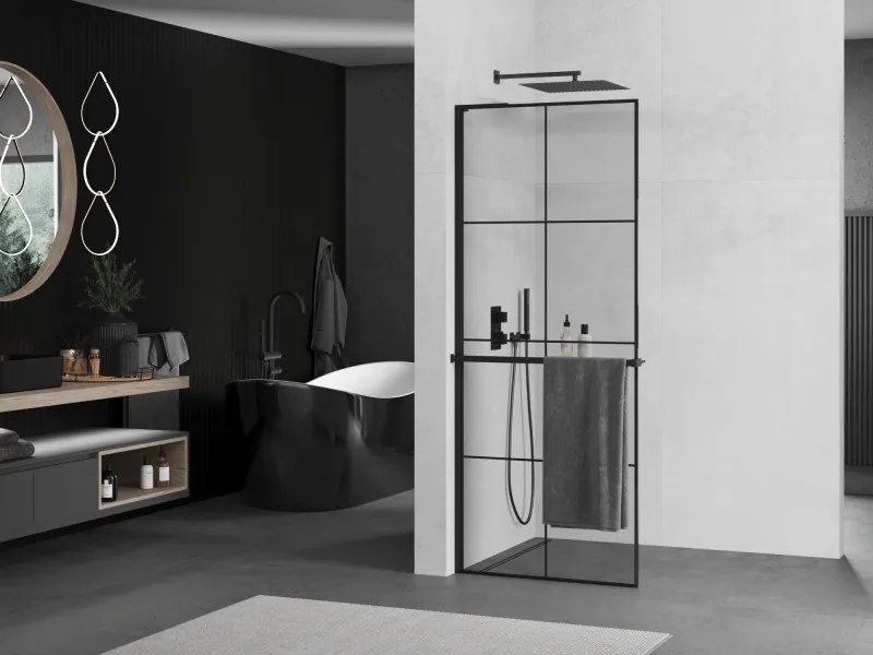 Mexen Kioto+ L, sprchová zástena Walk-In s poličkou a vešiakom 90 x 200 cm, 8mm číre sklo čierny vzor, čierny profil, 800-090-123-70-77