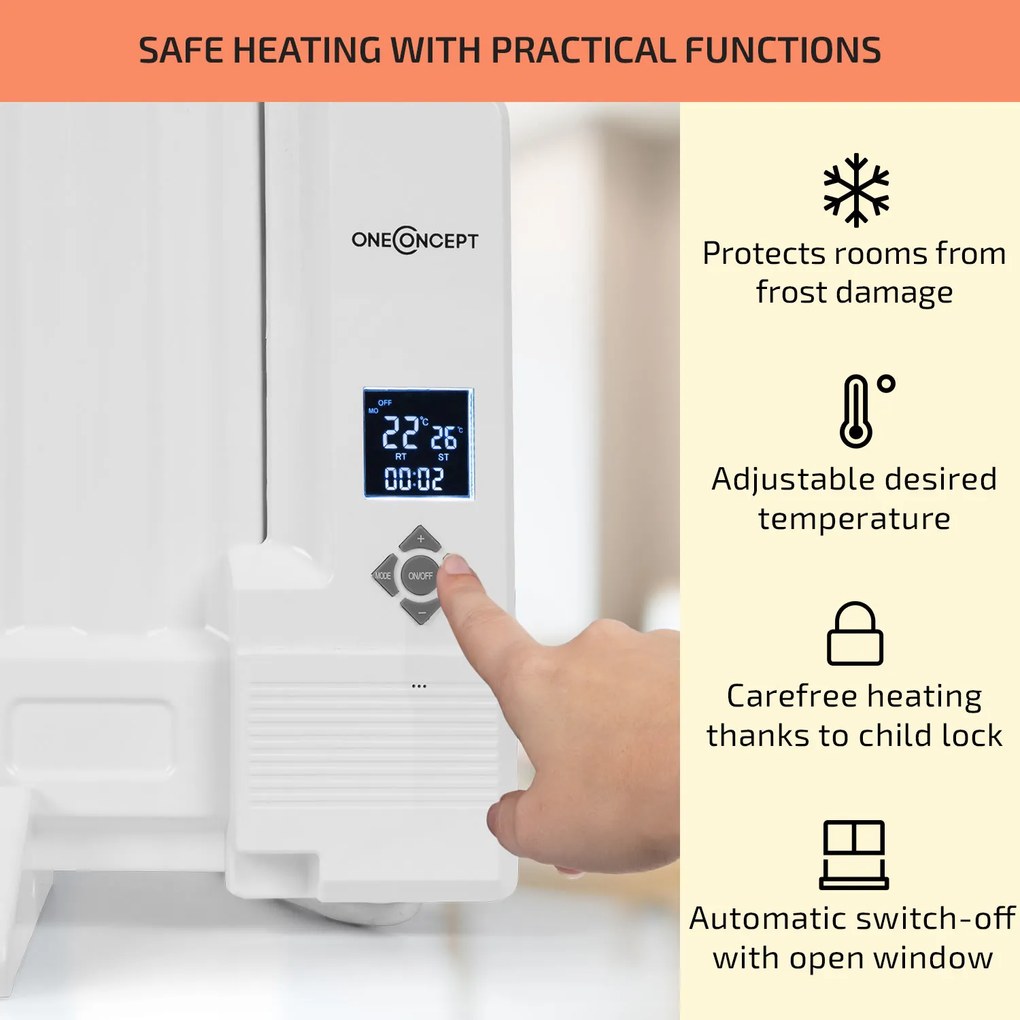 OneConcept Wallander, olejový radiátor, 600 W, termostat, olejové vyhrievanie, plochý dizajn, biely