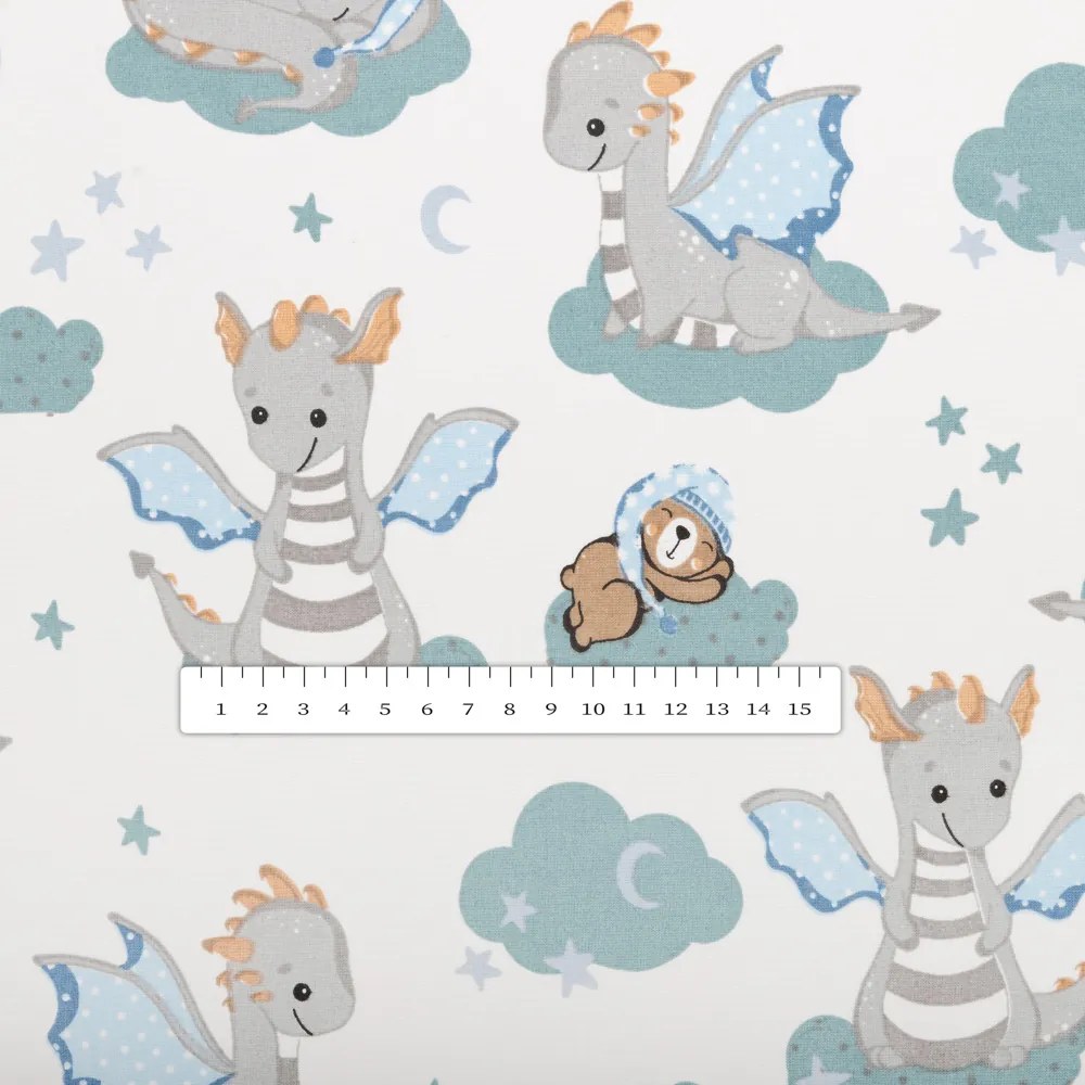 Biante Detská bavlnená obliečka na vankúš s lemom Sandra SA-689 Dráčikovia s medvedíkmi na modrozelených obláčikoch na bielom 50 x 60 cm