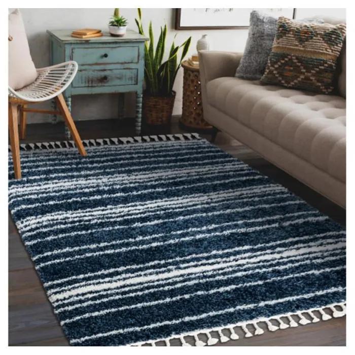 Kusový koberec Shaggy Pruhy modrý 140x190cm