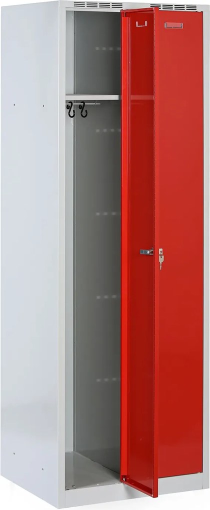 Plechová šatníková skrinka S8 na sokli, 2-dverová, 1800 x 600 x 500 mm, otočný zámok, červené dvere