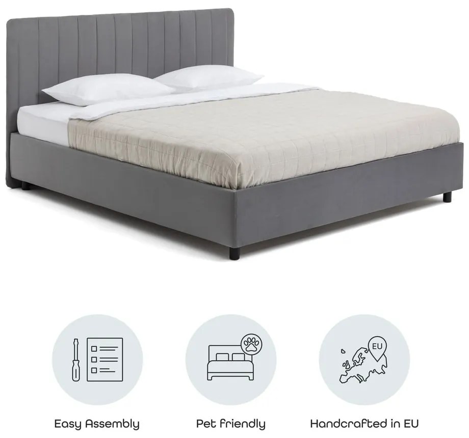 Sivá čalúnená dvojlôžková posteľ s úložným priestorom s roštom 180x200 cm Myra Slim Line – Bonami Selection