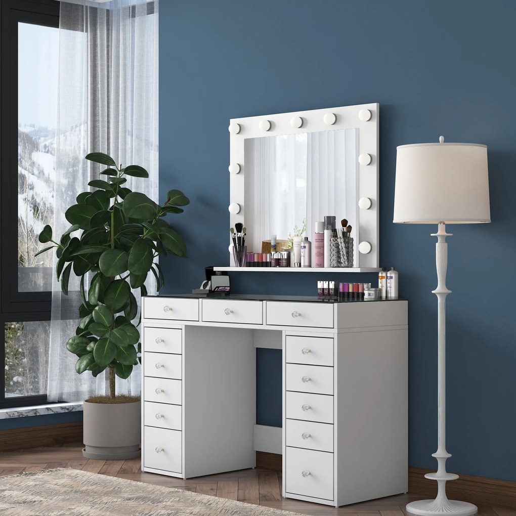 Toaletní stolek Melissa 04 s LED zrcadlem bílý/čirý