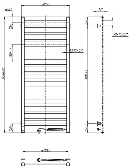 Kúpeľňový rebríkový radiátor s termostatom LARGO 541W/230V 120,6 cm IP44, čierny, pravostranné prevedenie