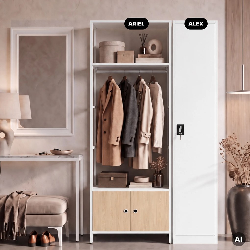 Kancelársky regál otvorený s tyčou na oblečenie, do recepcie a čakárne, kovový, biely/dub sonoma, 800x2200x400 mm: ARIEL Eco Design