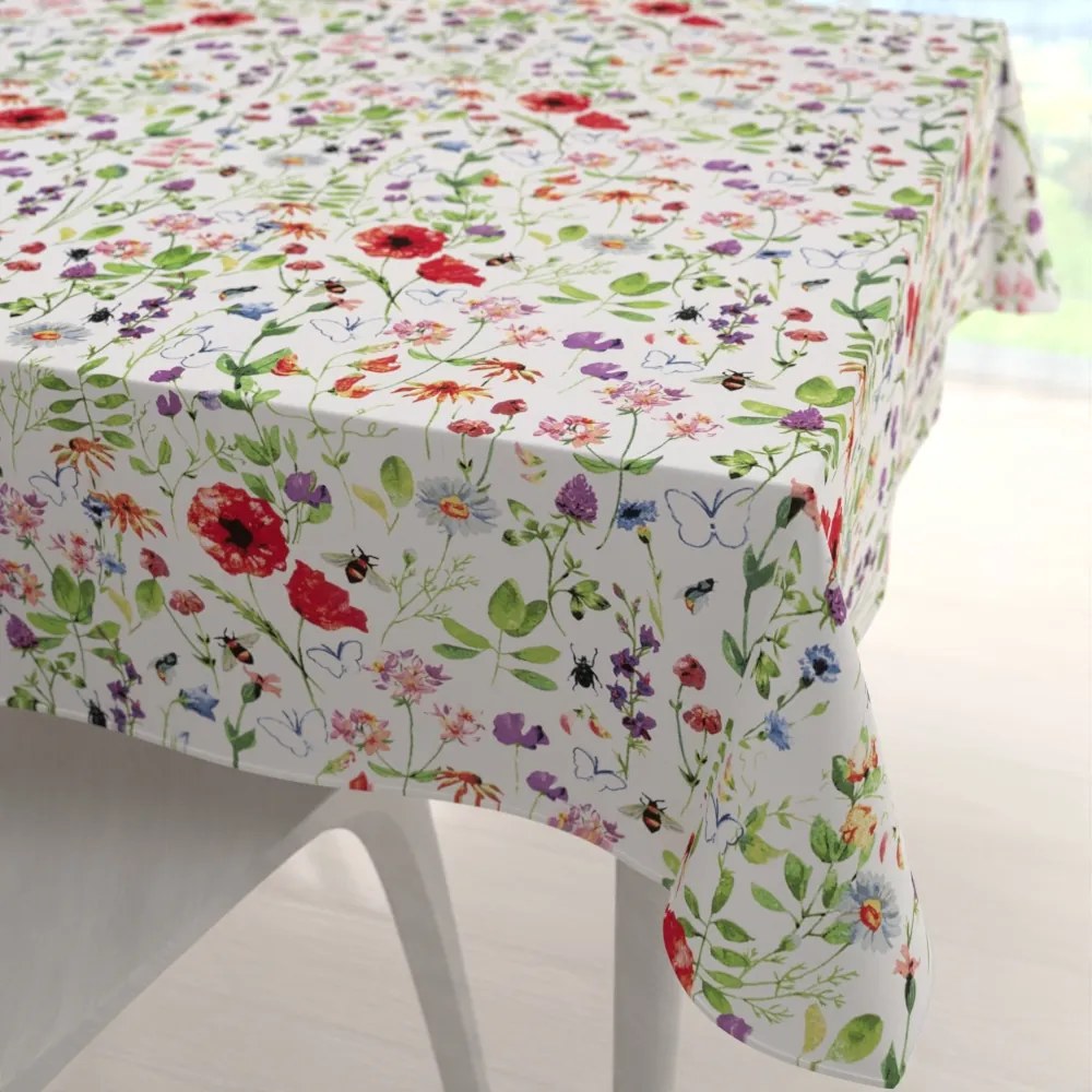 Biante Bavlnený štvorcový obrus Sandra SA-608 Červeno-fialové lúčne kvety s motýlikmi a čmeliakmi na bielom 80x80 cm