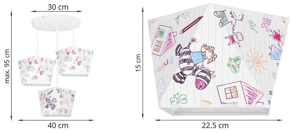 Detské závesné svietidlo Diamond, 3x biele textilné tienidlo so vzorom, o