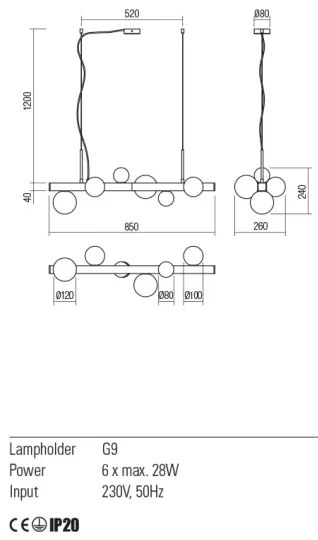 Redo 01-2375 - Luster na lanku GOJI 6xG9/28W/230V čierna