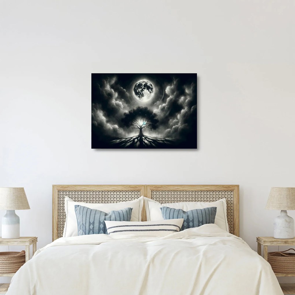 Sklenený obraz – Čiernobiely strom v splne (70x50 cm)