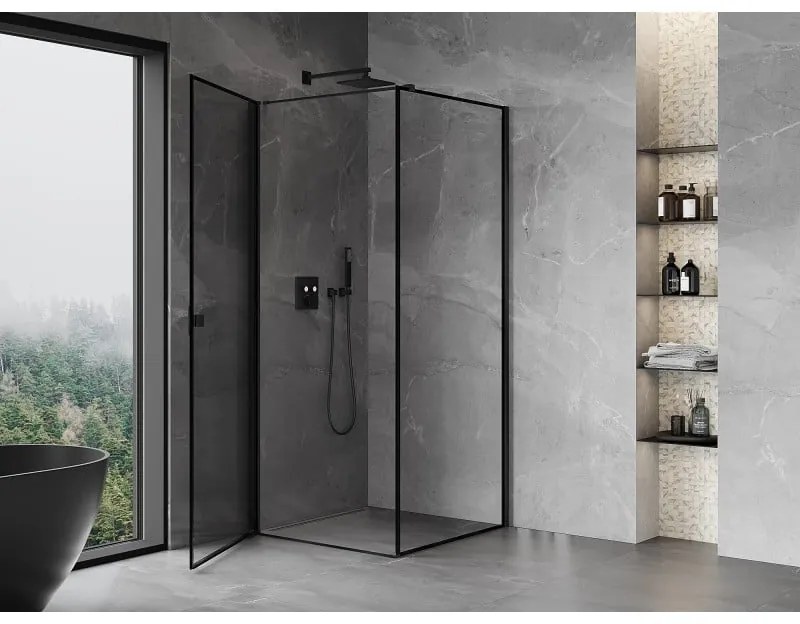 Mexen Mist-B, 1-krídlový výklopný sprchový kút ľavý 90 x 90 cm, číre sklo-čierny rám, 8A2T-090-090-70-70-L
