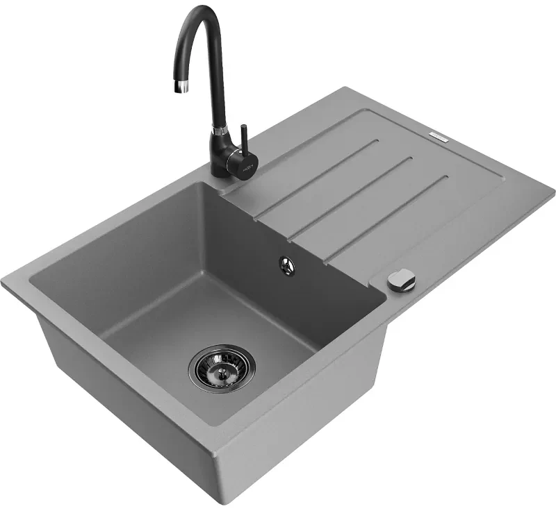Mexen Bruno, 1-komorový granitový drez s odkvapkávačom 795x495x200 mm a čierna kuchynská batéria Telma, šedá, 6513-71-670200-70-B