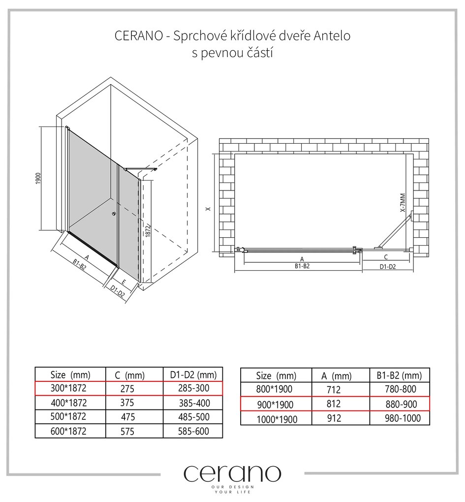 Cerano Antelo, 1-krídlové sprchové dvere s pevnou časťou 90(dvere) x 30(stena) x 190 cm, 6mm číre sklo, chrómový profil, CER-CER-435842