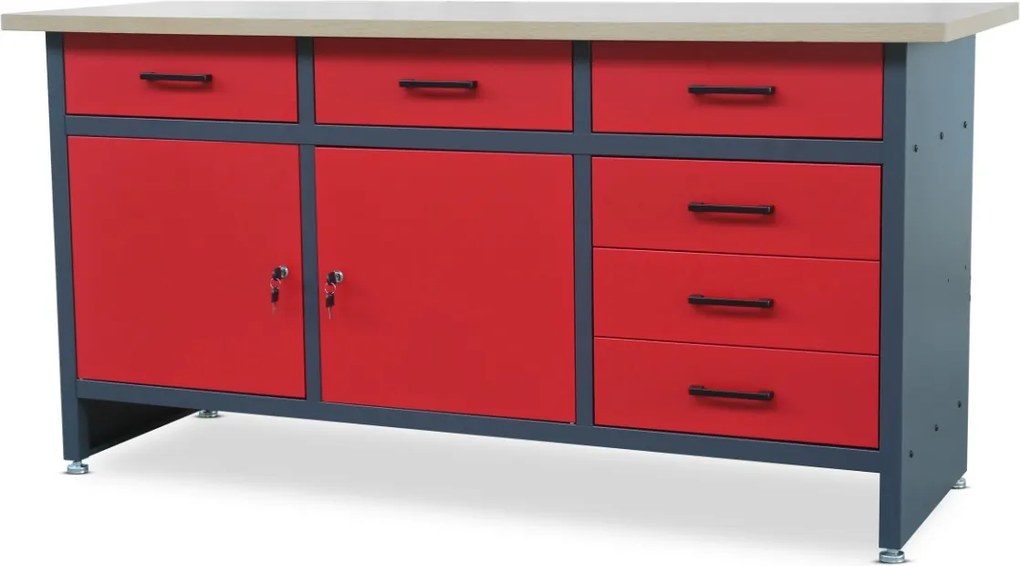 Dielenský stôl so zásuvkami a skrinkou HENRY, 1700 x 850 x 600 mm, antracitovo-červeny