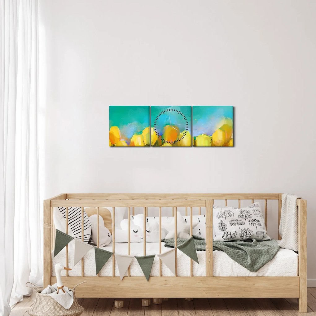 Obraz žltých tulipánov (s hodinami) (90x30 cm)