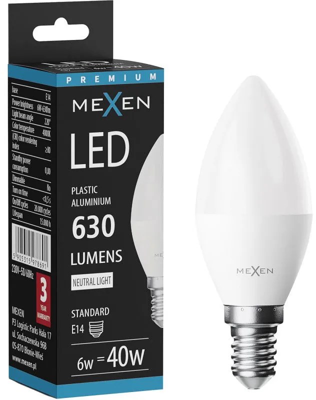 Mexen Nova, LED žiarovka E14, C37, 6W, teplá - 3000K, 630 lm - L102-E14-0630-01