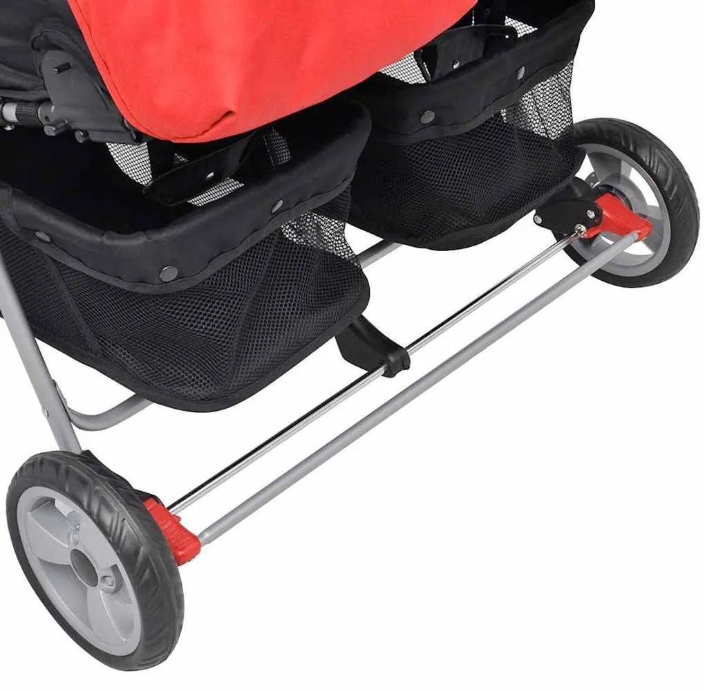 Oceľový kočík pre dvojičky, červeno-čierny