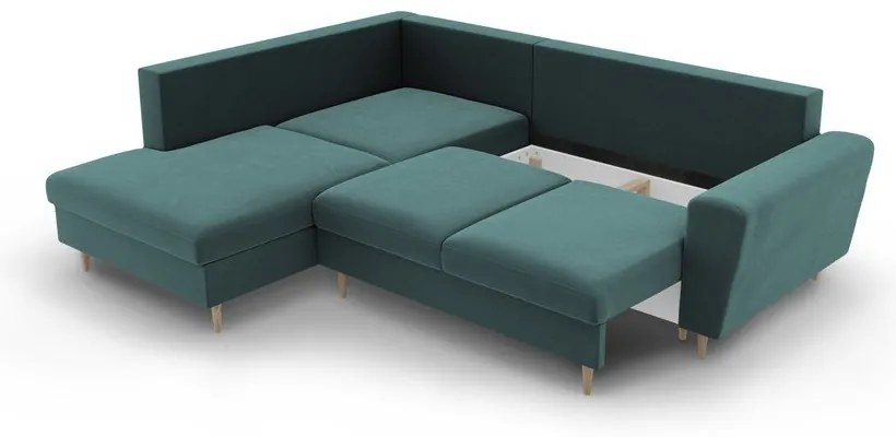 Zamatová rozkladacia/s úložným priestorom rohová pohovka v petrolejovej farbe (ľavý roh/do L) Kyoto – Cosmopolitan Design