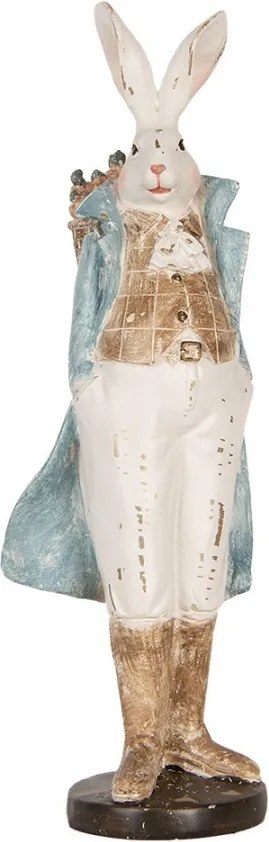 Dekorácia zajač v modrom plášti a košíkom mrkvy - 13*12*38 cm