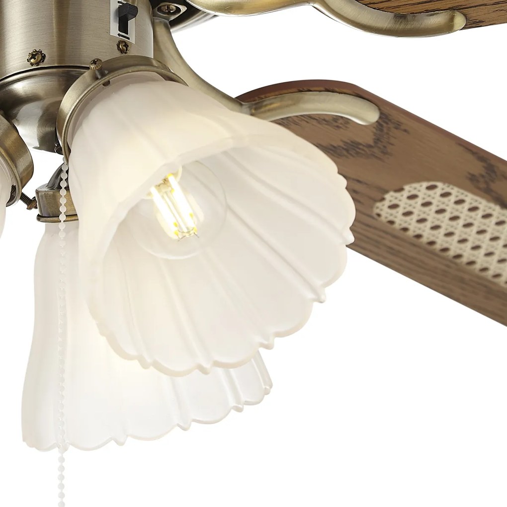 Mosadzný stropný ventilátor s drevenou potlačou a ratanom 108 cm s ťahovým spínačom - Mistral Lia