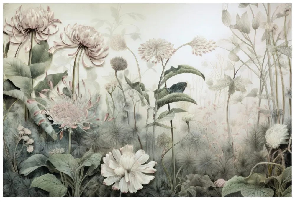 Samolepiaca tapeta kvety zahalené prírodou s béžovým kontrastom