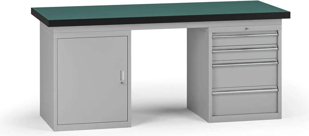 Pracovný stôl do dielne G8, 1800 x 750 x 800 mm, 1x skrinka, 1x kontejner, 4 zásuvky, sivá