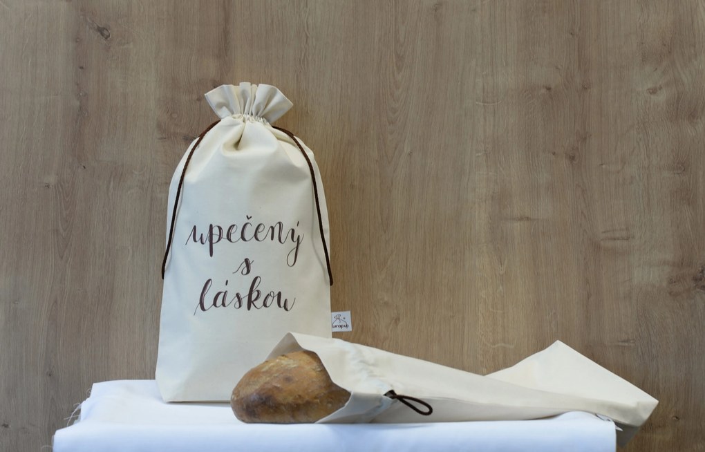 Wrap - up Funkčné vrecko Wrapáček, obal na chlieb aj pečivo, vel. L, s potlačou "Upečeno s láskou"