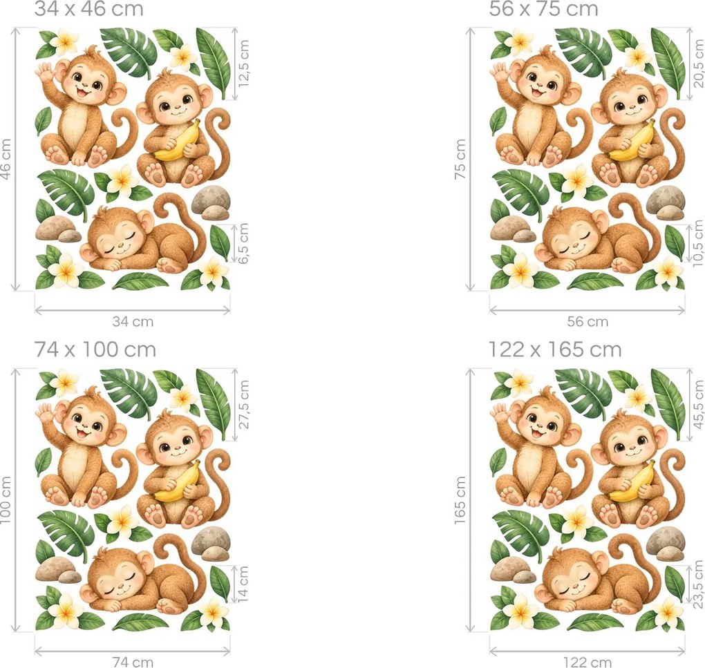 Tri opičky medzi tropickými kvetmi veselé akvarelové nálepky s opičkami pre dievčatá aj chlapcov na stenu arch 34 x 46 cm