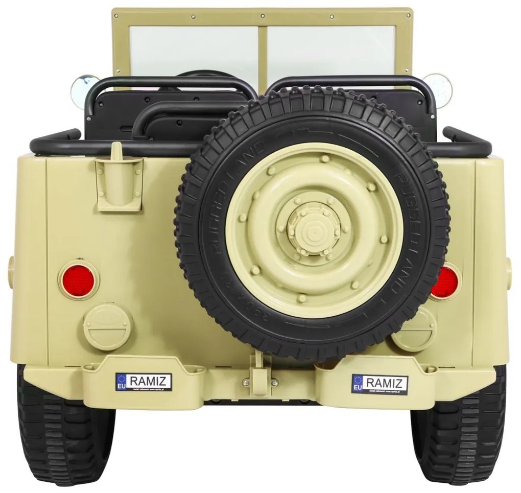RAMIZ Elektrické autíčko - Retro vojenské vozidlo 4x4 - piesková - 158cm x 80cm x 82cm - MOTOR - 4x45W BATÉRIA - 12V / 14Ah- 2