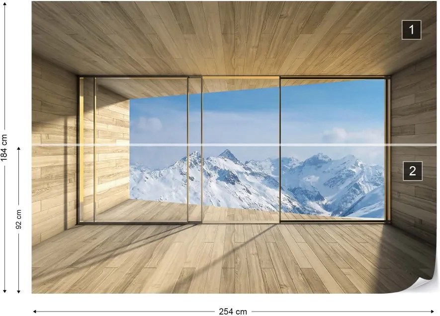 GLIX Fototapeta - Mountains Snow 3D Modern Window View Vliesová tapeta  - 254x184 cm