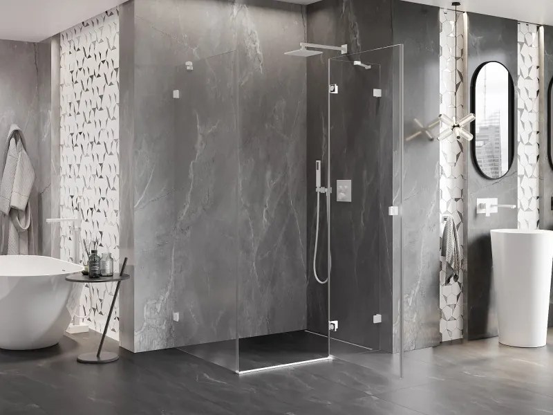 Mexen Lunar, pravostranný výklopný sprchový kút 75 x 90 cm, 8mm číre sklo, biely profil, 834-075-090-20-00-P