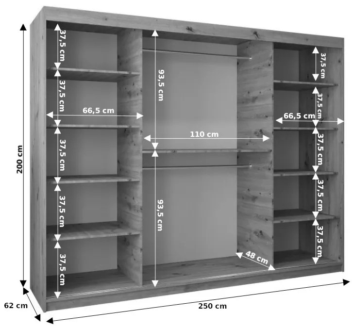 Šatníková skriňa 250 cm Eclipse (biela matná + dub artisan). Vlastná spoľahlivá doprava až k Vám domov. 1063443