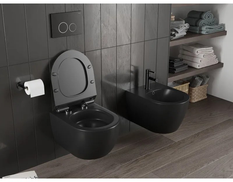 Mexen Carmen, závesná WC misa 490x365x340 mm, Rimless Tornádo + WC sedadlo z duroplastu, čierna matná, 30880185T