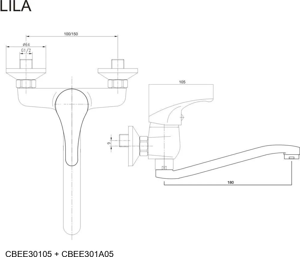 Mereo, Mereo Drezová nástenná baterie, Lila, 100 mm, s ramienkom plochým vyhnutým 180 mm, chróm, MER-CBEE301A05