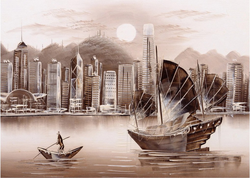 Obrázok - Victoria Harbor, Hong Kong, sépiový efekt (70x50 cm)