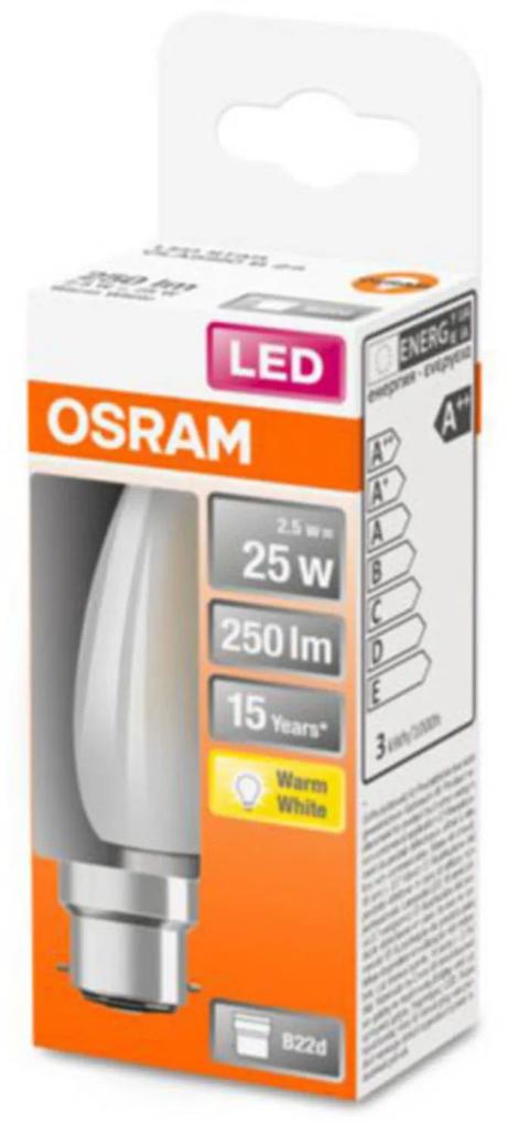 OSRAM sviečková LED B22d 2,5W 2.700K matná