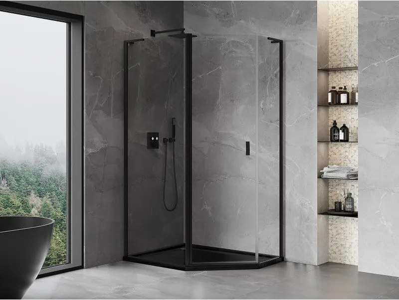 Mexen Mist L, päťuholníkový sprchový kút s krídlovými dverami, 90 x 80 cm, 8mm číre sklo, čierny profil, 8A8L-090-080-70-00