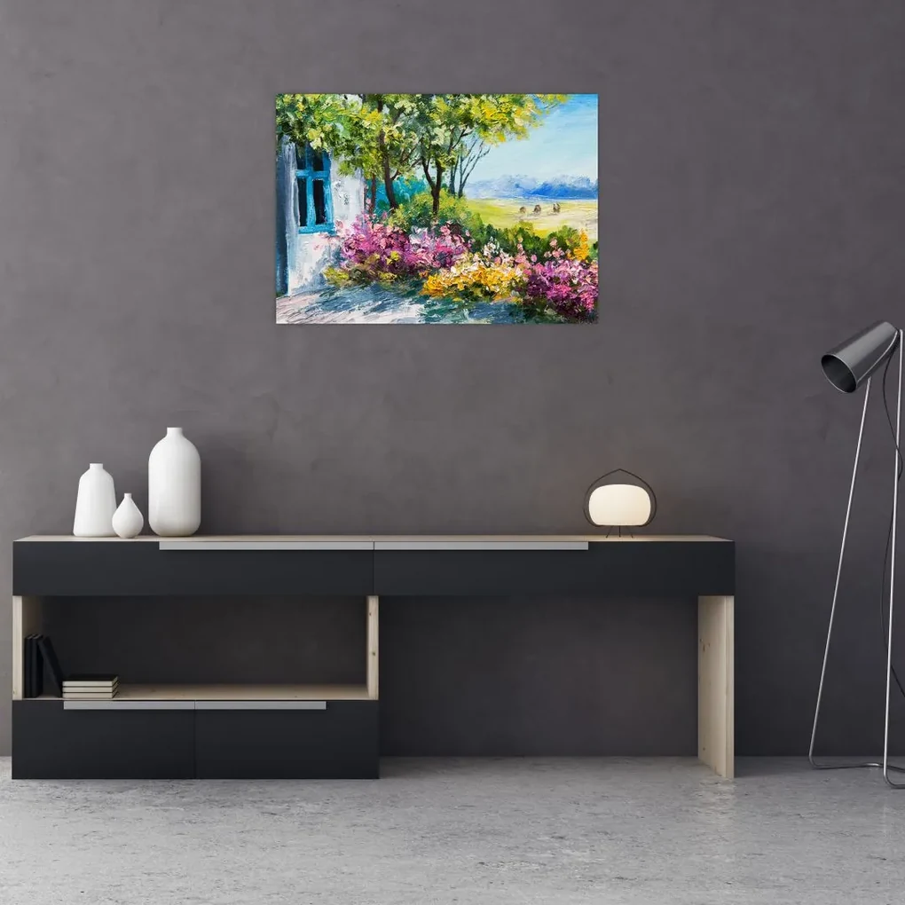 Obraz záhradky pred domom, olejomaľba (70x50 cm)
