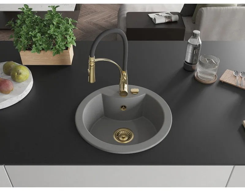 Mexen Diego, 1-komorový granitový drez 488x488x167 mm a drezová batéria Aster, šedá, 6512-71-73450-57-G